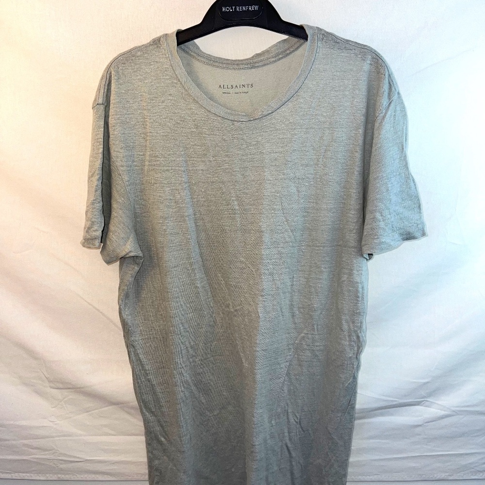 All Saints - Faxley Linen Crew T-Shirt - Light Blue Grey - Oversized S - Flawed